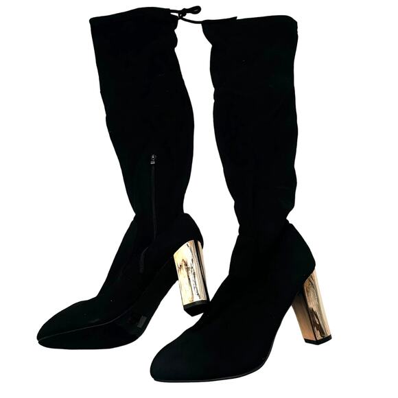 AMI CLUBWEAR Size 11 Black Faux Suede Over The Knee Chunky Shiny Gold Heel Boots - Picture 1 of 7